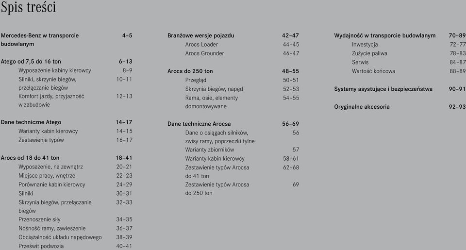 kierowcy 24 29 Silniki 30 31 Skrzynia biegów, przełączanie 32 33 biegów Przenoszenie siły 34 35 Nośność ramy, zawieszenie 36 37 Obciążalność układu napędowego 38 39 Prześwit podwozia 40 41 Branżowe