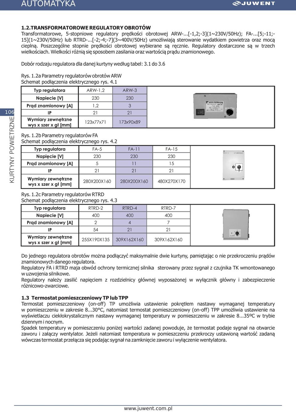 Wielkości różnią się sposobem zasilania oraz wartością prądu znamionowego. Dobór rodzaju regulatora dla danej według tabel: 3.1 do 3.6 Rys. 1.