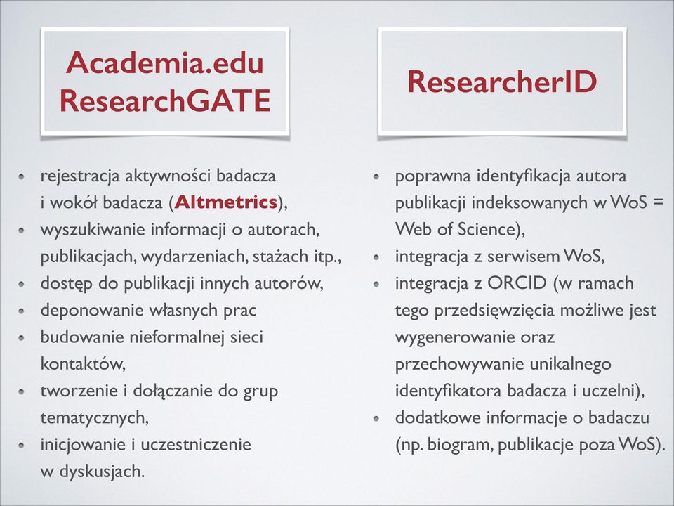 , dostęp do publikacji innych autorów, deponowanie własnych prac budowanie nieformalnej sieci kontaktów, tworzenie i dołączanie do grup tematycznych, inicjowanie i