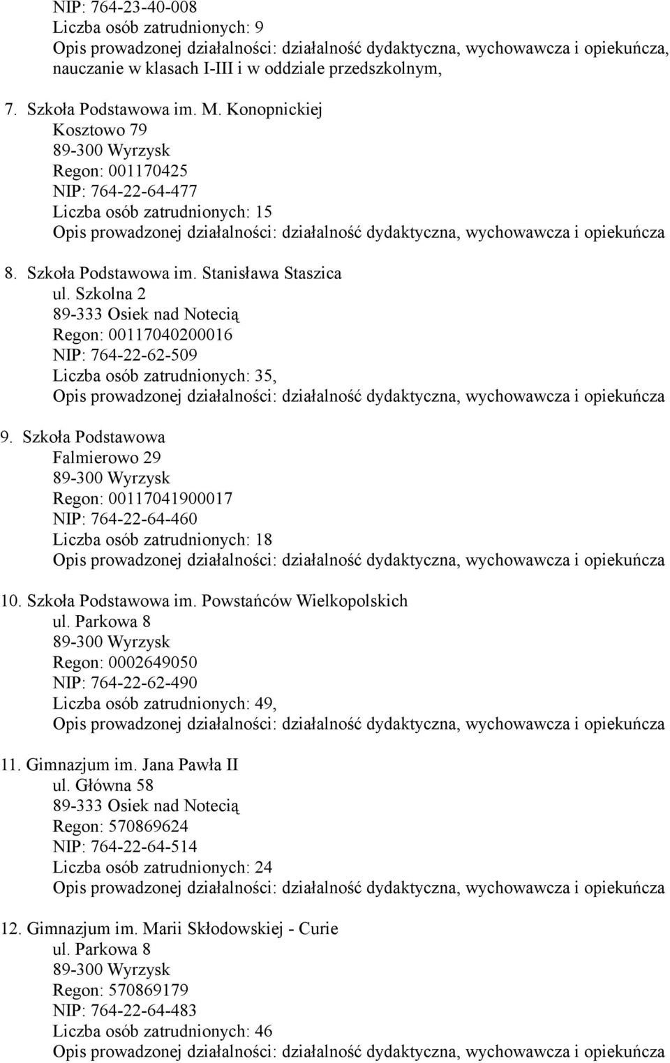 Konopnickiej Kosztowo 79 89-300 Wyrzysk Regon: 001170425 NIP: 764-22-64-477 Liczba osób zatrudnionych: 15 Opis prowadzonej działalności: działalność dydaktyczna, wychowawcza i opiekuńcza 8.