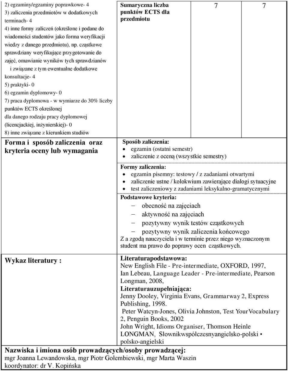 cząstkowe sprawdziany weryfikujące przygotowanie do zajęć, omawianie wyników tych sprawdzianów i związane z tym ewentualne dodatkowe konsultacje- 4 5) praktyki- 0 6) egzamin dyplomowy- 0 7) praca