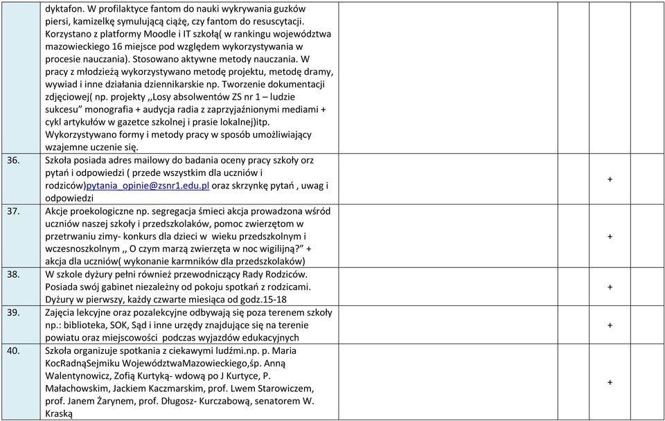 W pracy z młodzieżą wykorzystywano metodę projektu, metodę dramy, wywiad i inne działania dziennikarskie np. Tworzenie dokumentacji zdjęciowej( np.