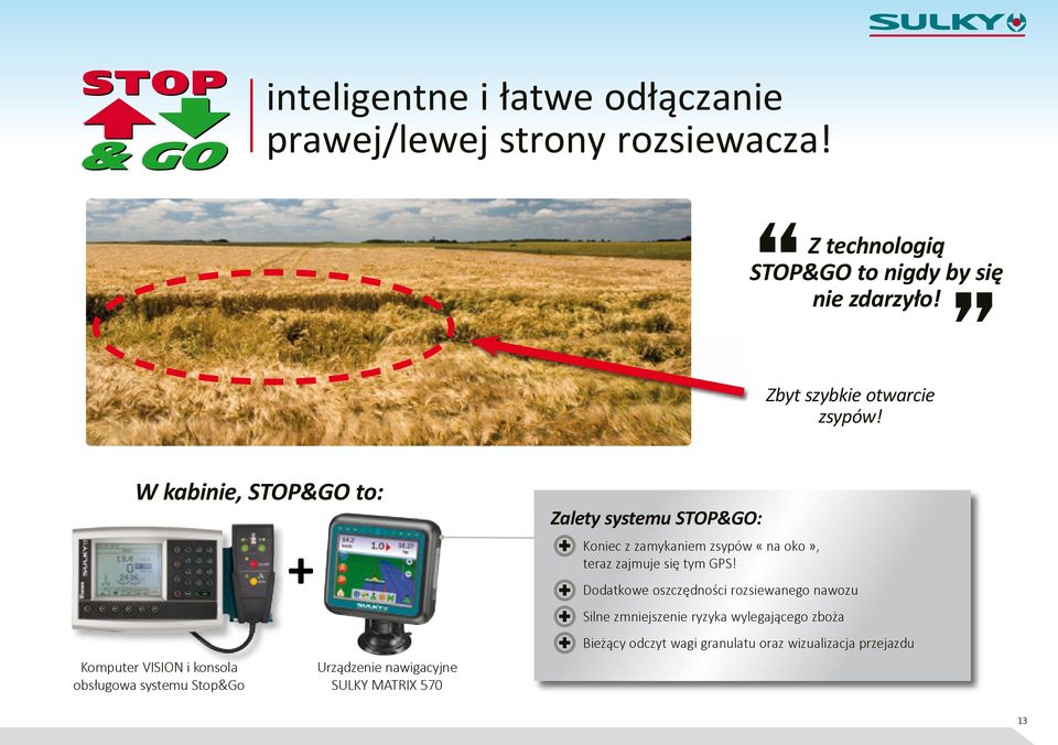 W kabinie, STOP&GO to: Komputer VISION i konsola obsługowa systemu Stop&Go + Urządzenie nawigacyjne SULKY MATRIX 570 Zalety