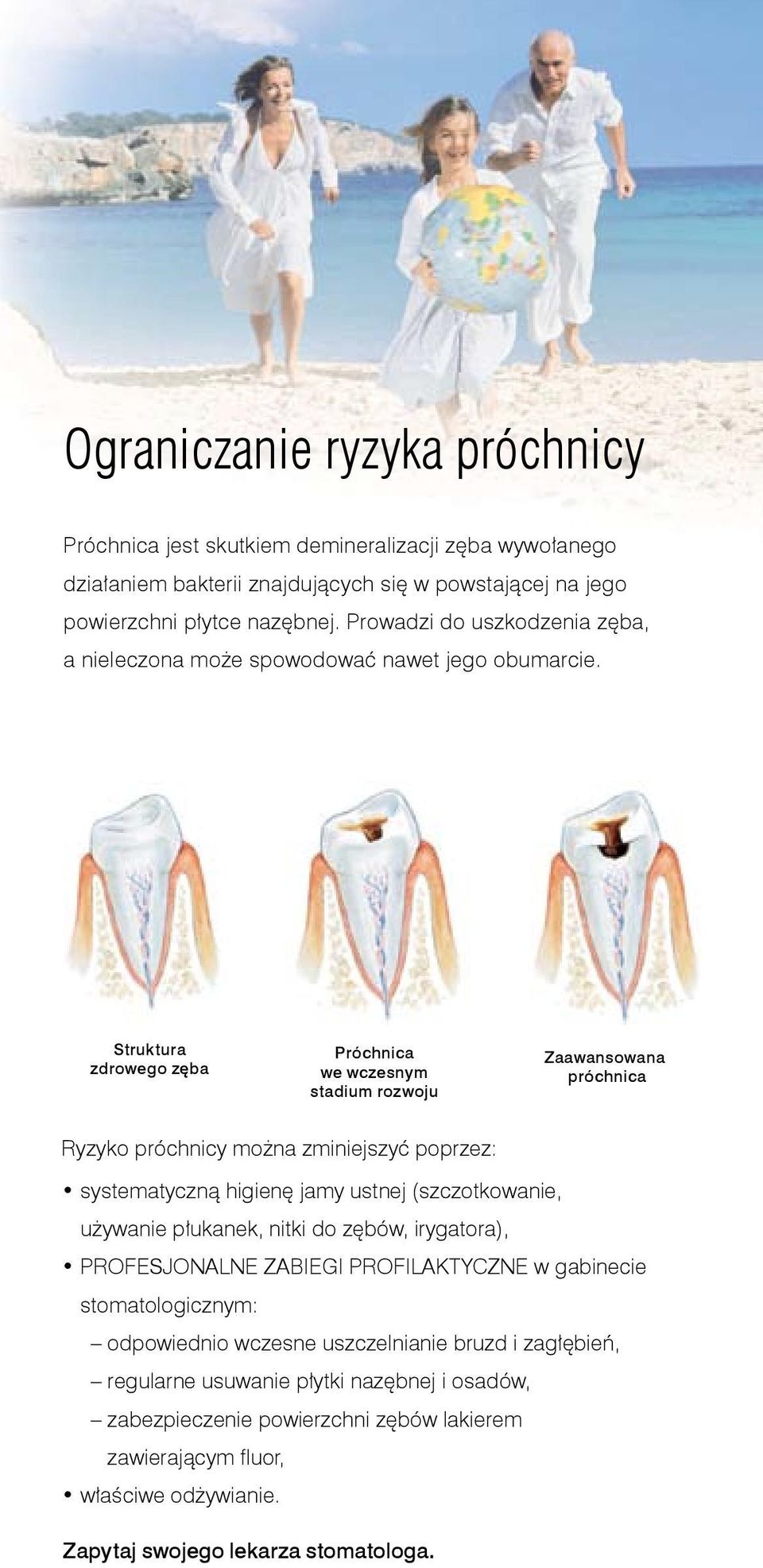 Struktura zdrowego zęba Próchnica we wczesnym stadium rozwoju Zaawansowana próchnica Ryzyko próchnicy można zminiejszyć poprzez: systematyczną higienę jamy ustnej (szczotkowanie, używanie