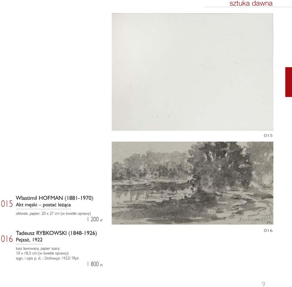 RYBKOWSKI (1848-1926) Pejzaż, 1922 tusz lawowany, papier szary; 10 x 18,5