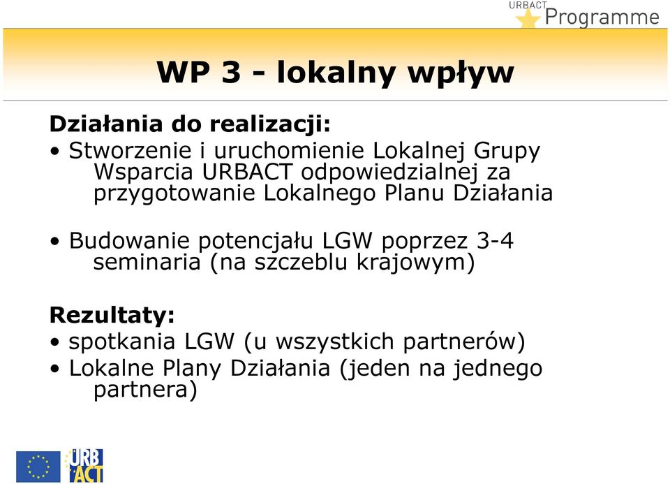 Budowanie potencjału LGW poprzez 3-4 seminaria (na szczeblu krajowym) Rezultaty: