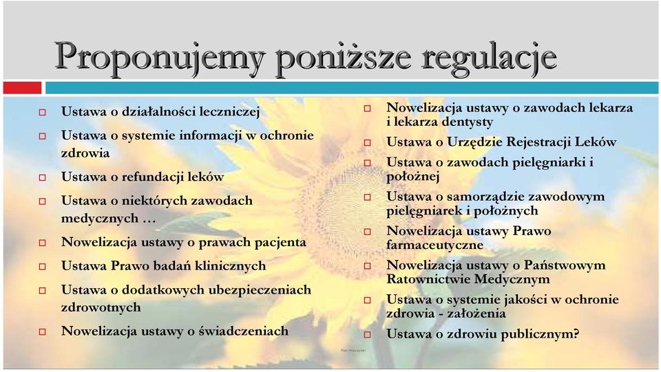 ustawy o zawodach lekarza i lekarza dentysty Ustawa o Urzędzie Rejestracji Leków Ustawa o zawodach pielęgniarki i połoŝnej Ustawa o samorządzie zawodowym pielęgniarek i