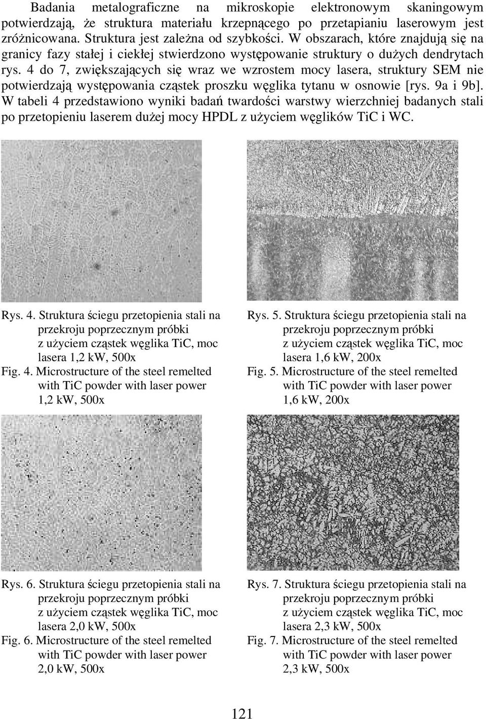 4 do 7, zwikszajcych si wraz we wzrostem mocy lasera, struktury SEM nie potwierdzaj wystpowania czstek proszku wglika tytanu w osnowie [rys. 9a i 9b].