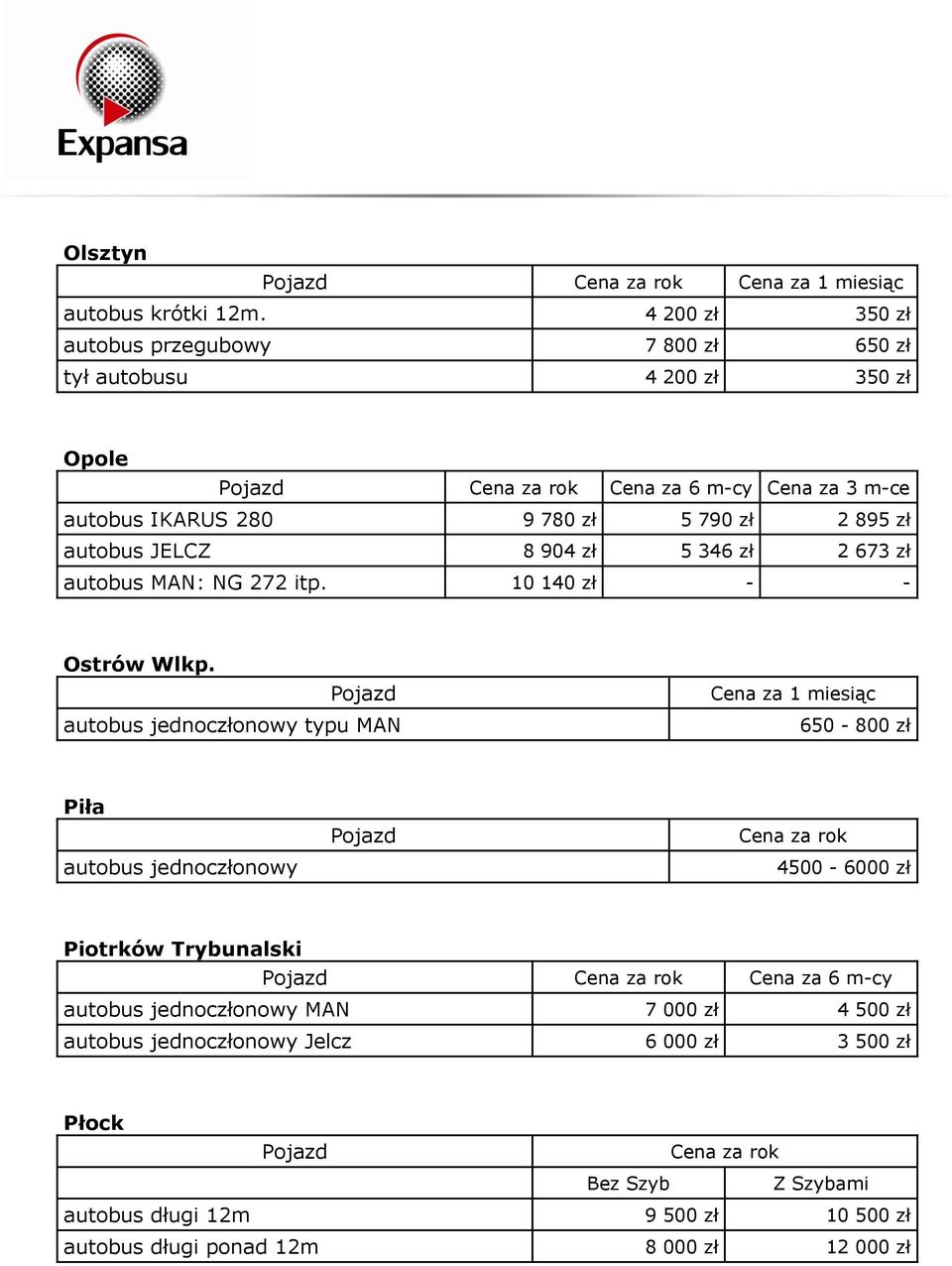 IKARUS 280 9 780 zł 5 790 zł 2 895 zł autobus JELCZ 8 904 zł 5 346 zł 2 673 zł autobus MAN: NG 272 itp.
