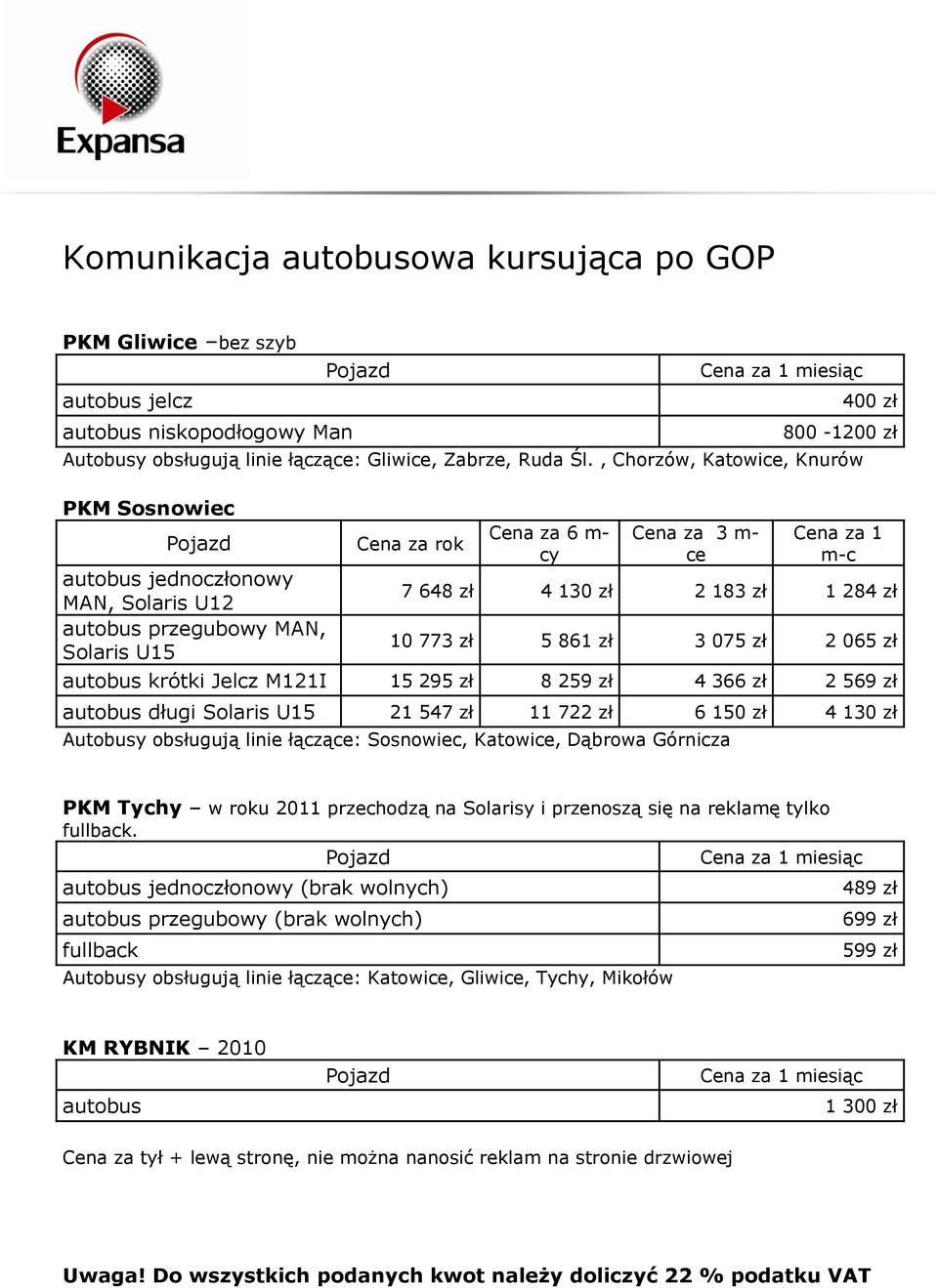 075 zł 2 065 zł autobus krótki Jelcz M121I 15 295 zł 8 259 zł 4 366 zł 2 569 zł autobus długi Solaris U15 21 547 zł 11 722 zł 6 150 zł 4 130 zł Autobusy obsługują linie łączące: Sosnowiec, Katowice,