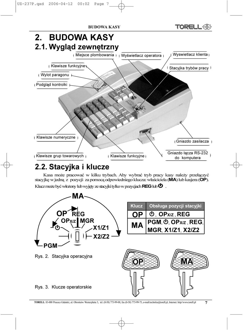 . Wygl¹d zewnêtrzny Miejsce plombowania Wyœwietlacz operatora Wyswietlacz klienta Klawisze funkcyjne Wylot paragonu Stacyjka trybów pracy Podgl¹d kontrolki Klawisze numeryczne Gniazdo zasilacza