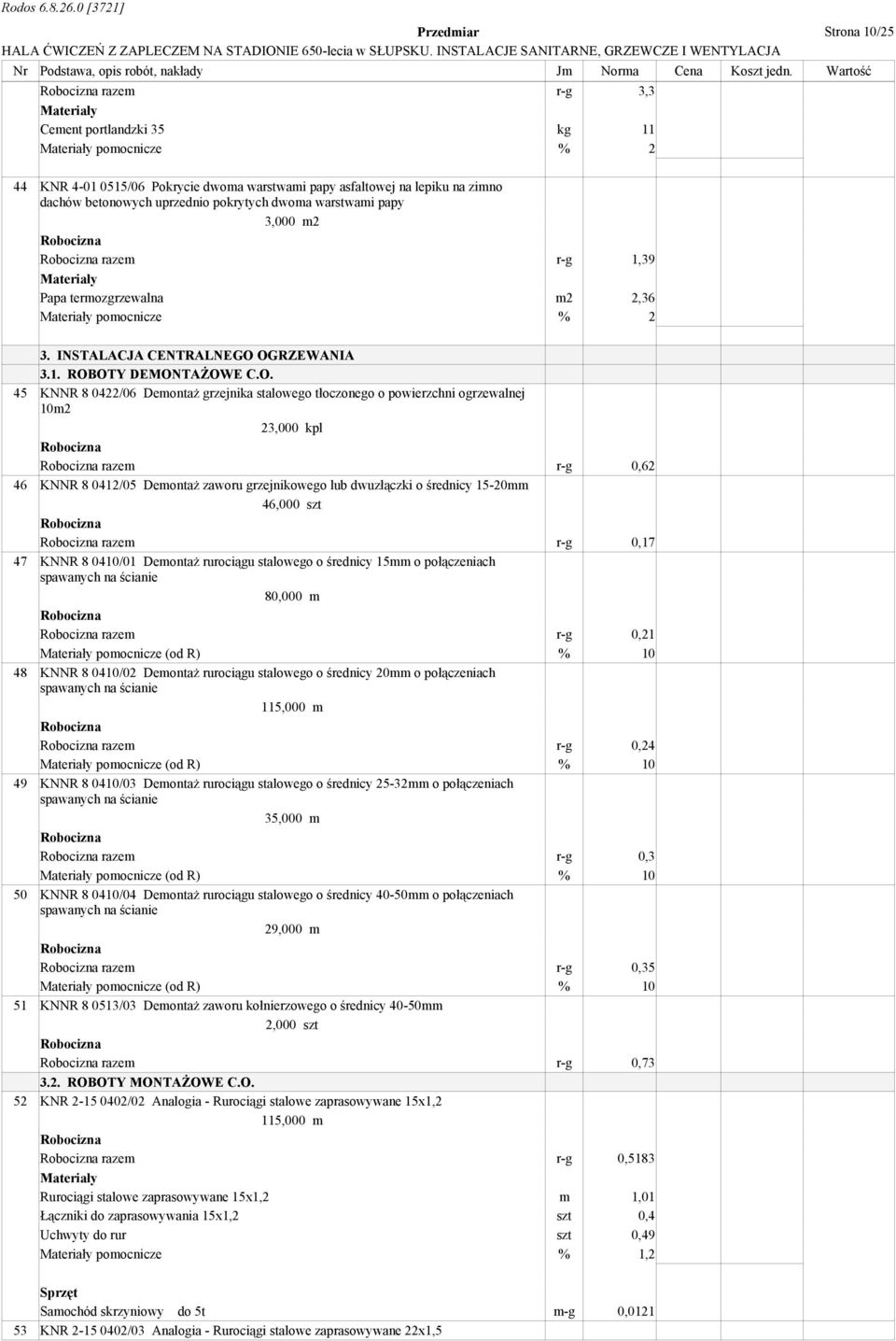 OGRZEWANIA 3.1. ROBOTY DEMONTAśOWE C.O. 45 KNNR 8 0422/06 DemontaŜ grzejnika stalowego tłoczonego o powierzchni ogrzewalnej 10m2 23,000 kpl razem r-g 0,62 46 KNNR 8 0412/05 DemontaŜ zaworu