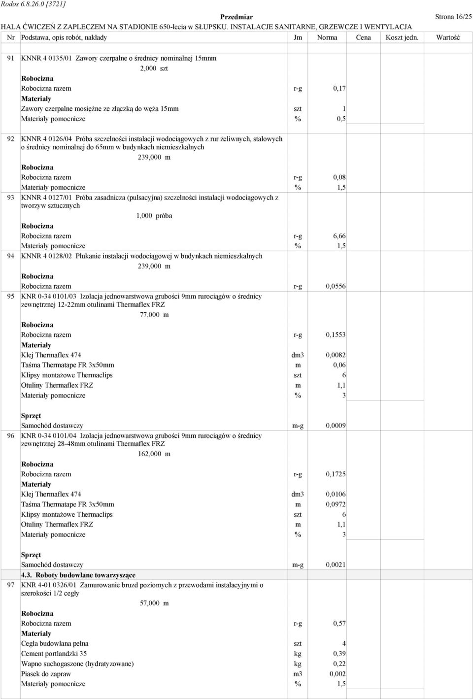 (pulsacyjna) szczelności instalacji wodociągowych z tworzyw sztucznych 1,000 próba razem r-g 6,66 pomocnicze % 1,5 94 KNNR 4 0128/02 Płukanie instalacji wodociągowej w budynkach niemieszkalnych