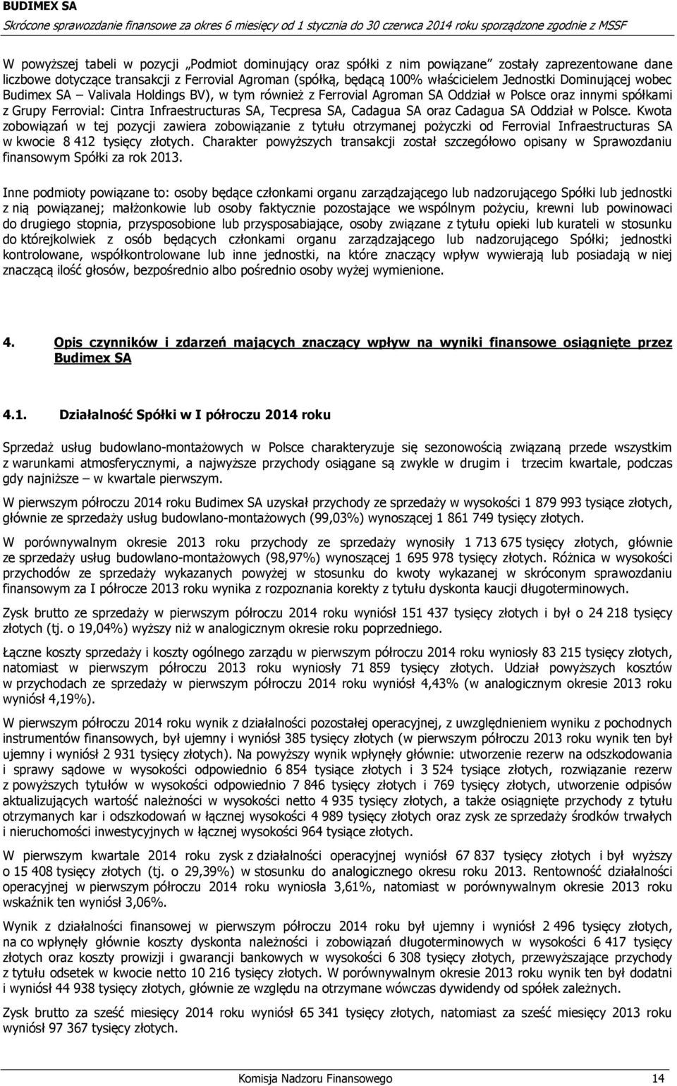 oraz Cadagua SA Oddział w Polsce. Kwota zobowiązań w tej pozycji zawiera zobowiązanie z tytułu otrzymanej pożyczki od Ferrovial Infraestructuras SA w kwocie 8 412 tysięcy złotych.