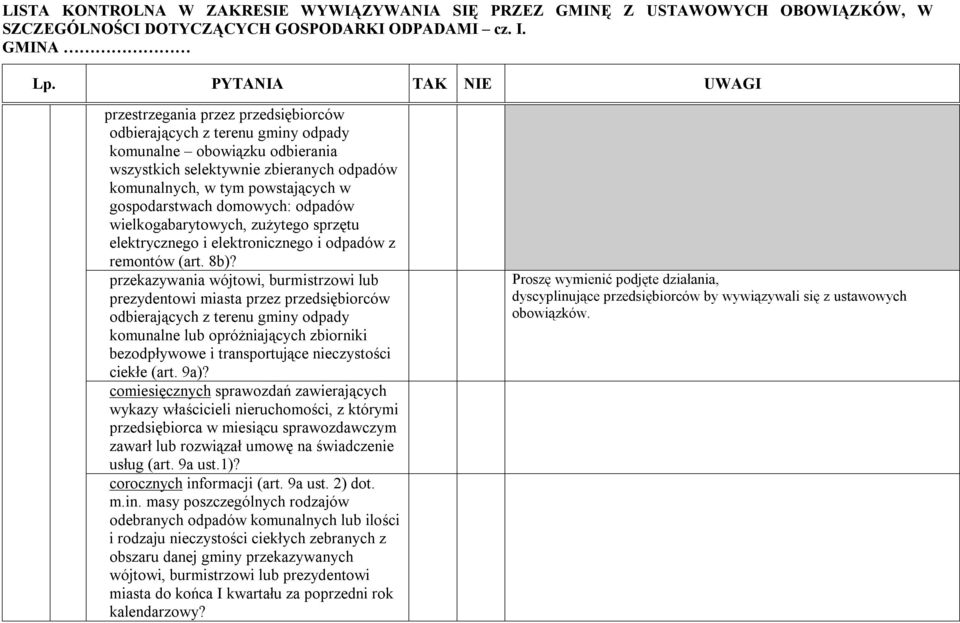 przekazywania wójtowi, burmistrzowi lub prezydentowi miasta przez przedsiębiorców odbierających z terenu gminy odpady komunalne lub opróżniających zbiorniki bezodpływowe i transportujące nieczystości