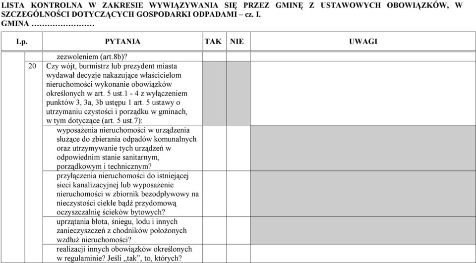 wy o utrzymaniu czystości i porządku w gminach, w tym dotyczące (art. 5 ust.