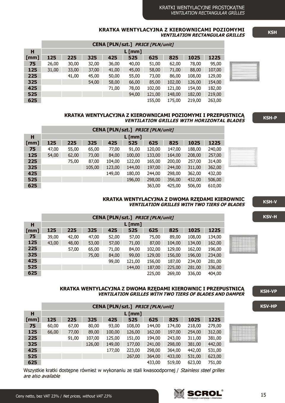 126,00 154,00 425 71,00 78,00 102,00 121,00 154,00 182,00 525 94,00 121,00 148,00 182,00 219,00 625 155,00 175,00 219,00 263,00 KRATKA WENTYLACYJNA Z KIEROWNICAMI POZIOMYMI I PRZEPUSTNICĄ VENTILATION