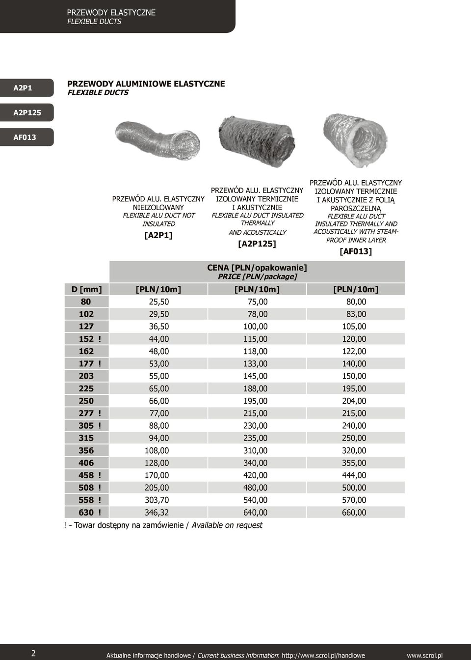 ELASTYCZNY IZOLOWANY TERMICZNIE I AKUSTYCZNIE Z FOLIĄ PAROSZCZELNĄ FLEXIBLE ALU DUCT INSULATED THERMALLY AND ACOUSTICALLY WITH STEAM- PROOF INNER LAYER [AF013] CENA [PLN/opakowanie] PRICE