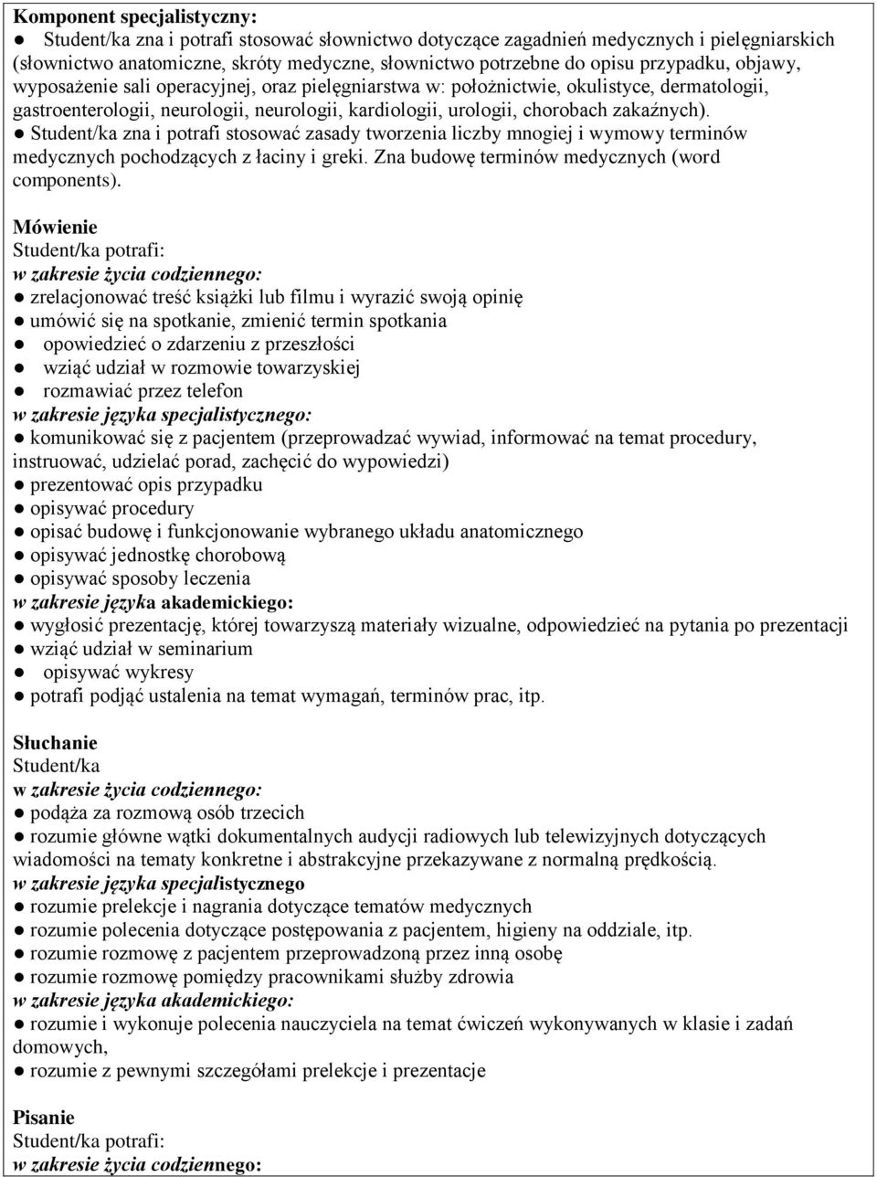 Student/ka zna i potrafi stosować zasady tworzenia liczby mnogiej i wymowy terminów medycznych pochodzących z łaciny i greki. Zna budowę terminów medycznych (word components).