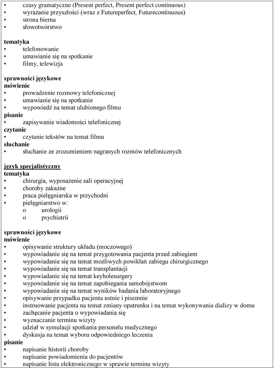 rozmów telefonicznych język specjalistyczny chirurgia, wyposażenie sali operacyjnej choroby zakaźne praca pielęgniarska w przychodni pielęgniarstwo w: o urologii o psychiatrii opisywanie struktury