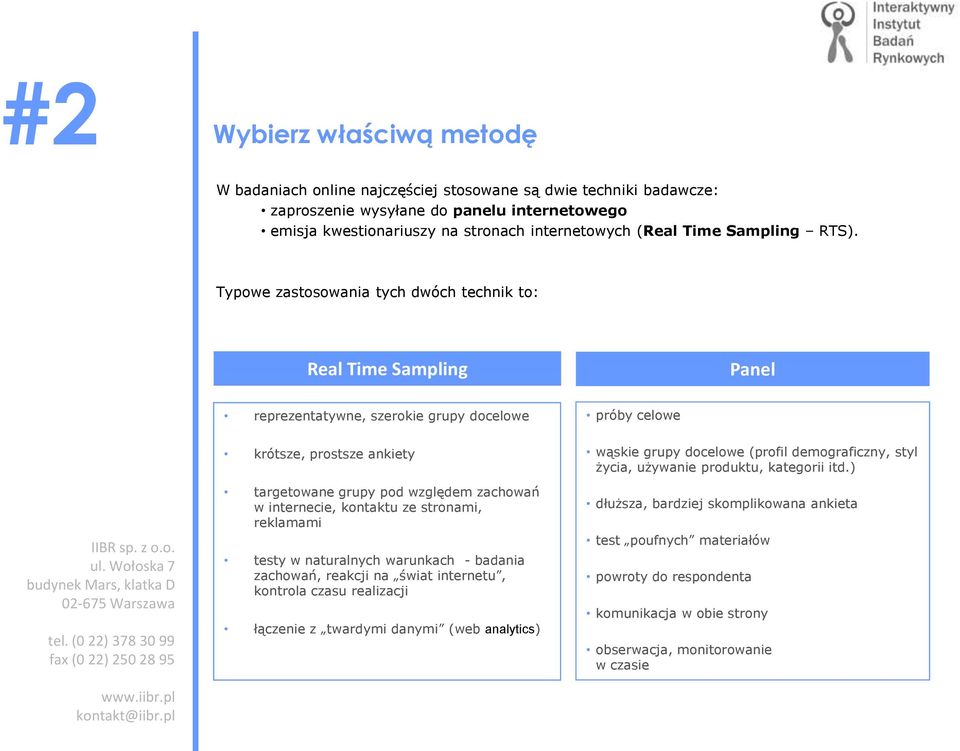 Typowe zastosowania tych dwóch technik to: Real Time Sampling Panel reprezentatywne, szerokie grupy docelowe próby celowe krótsze, prostsze ankiety targetowane grupy pod względem zachowań w