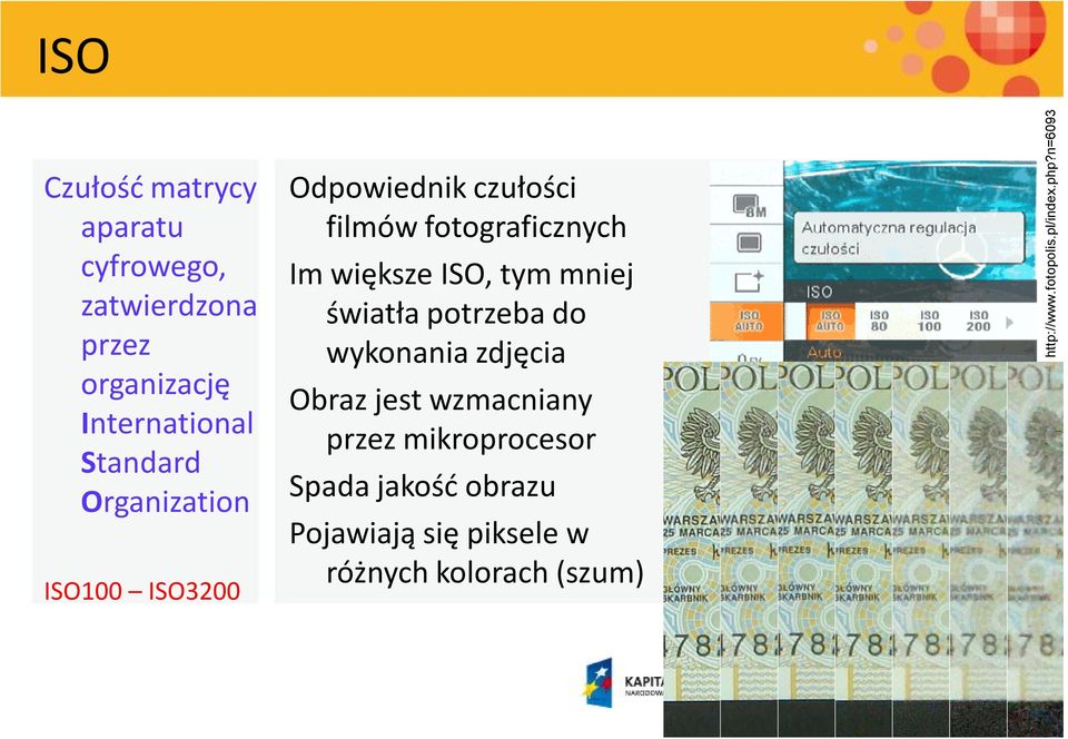 mniej światła potrzeba do wykonania zdjęcia Obraz jest wzmacniany przez mikroprocesor Spada