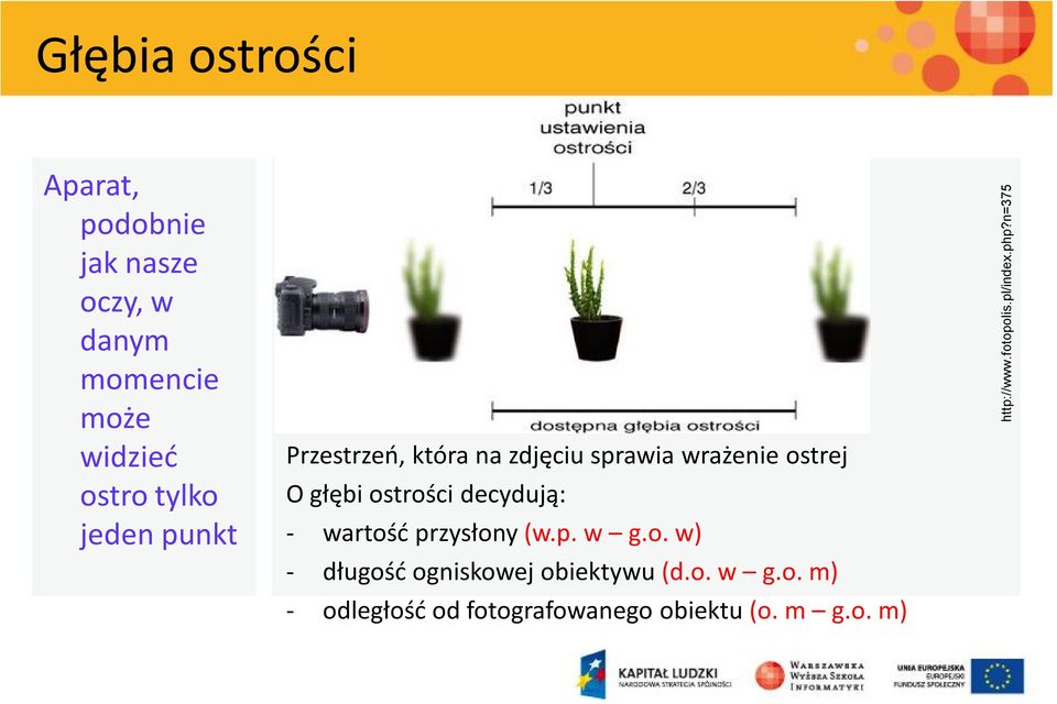 decydują: - wartość przysłony (w.p. w g.o. w) - długość ogniskowej obiektywu (d.o. w g.o. m) - odległość od fotografowanego obiektu (o.