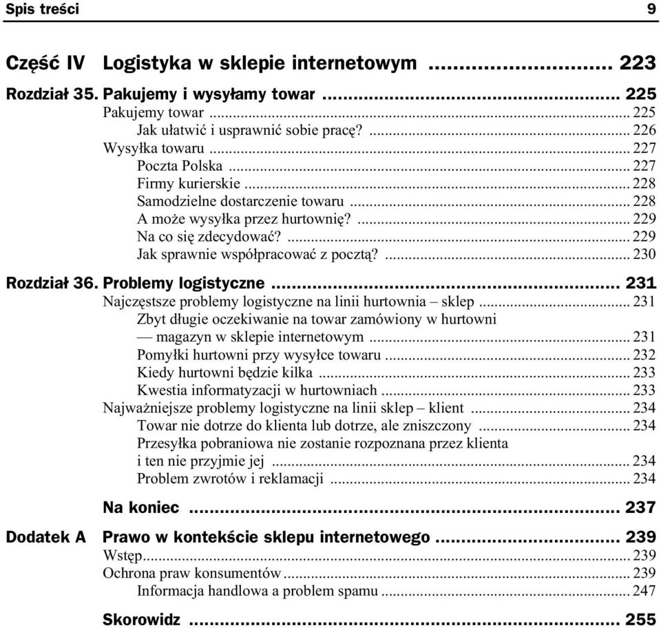 ... 230 Rozdzia 36. Problemy logistyczne... 231 Najcz stsze problemy logistyczne na linii hurtownia sklep... 231 Zbyt d ugie oczekiwanie na towar zamówiony w hurtowni magazyn w sklepie internetowym.