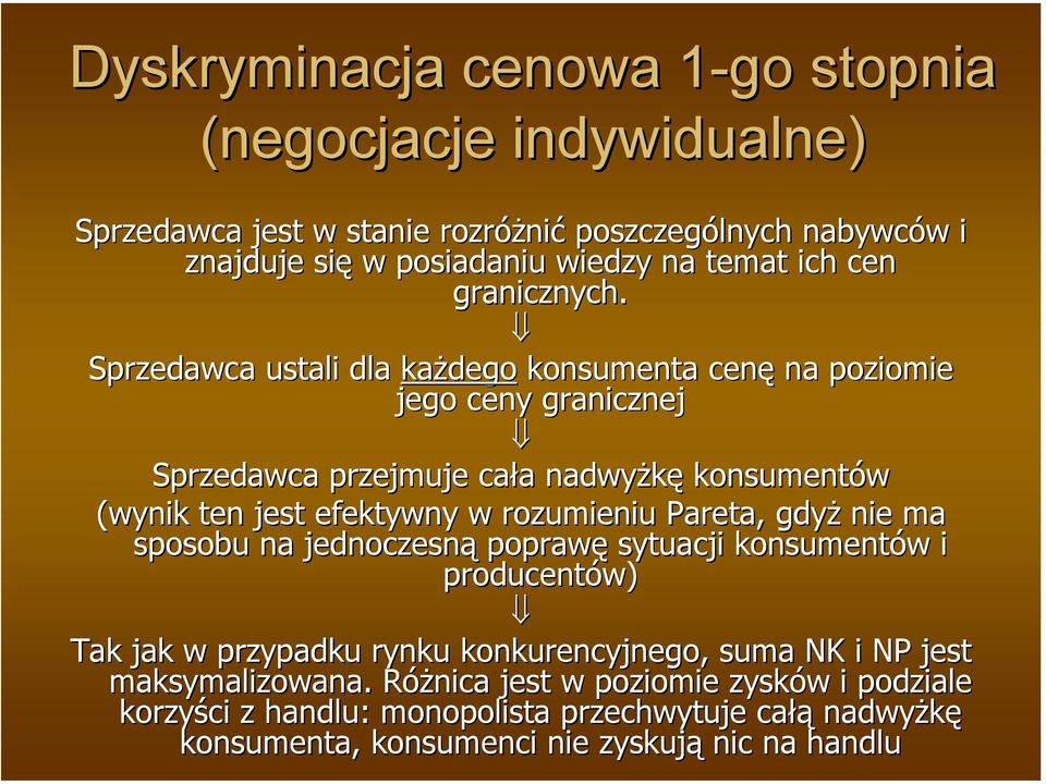 Sprzedawca ustali dla każdego konsumenta cenę na poziomie jego ceny granicznej Sprzedawca przejmuje cała a nadwyżkę konsumentów (wynik ten jest efektywny w rozumieniu