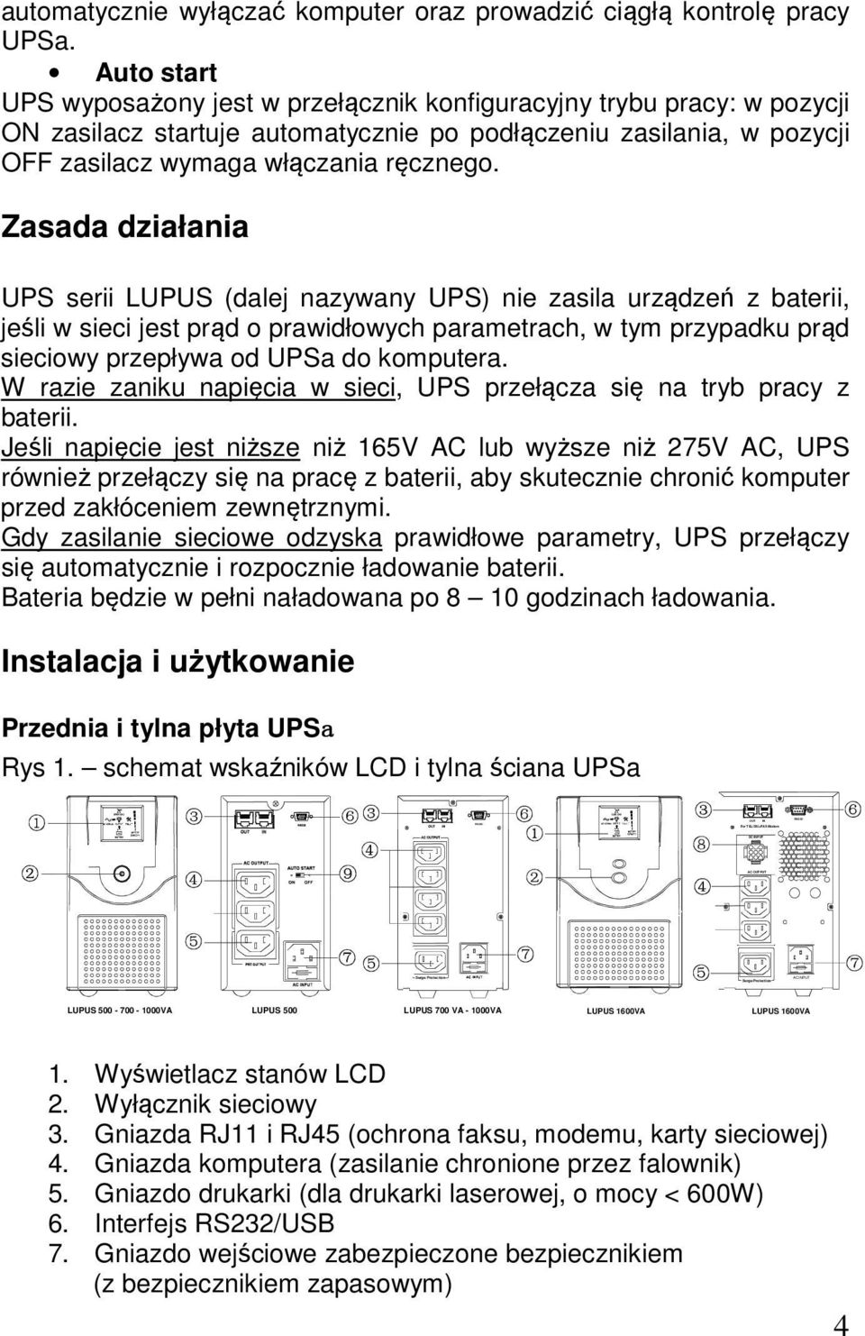 Zasada działania UPS serii LUPUS (dalej nazywany UPS) nie zasila urządzeń z baterii, jeśli w sieci jest prąd o prawidłowych parametrach, w tym przypadku prąd sieciowy przepływa od UPSa do komputera.