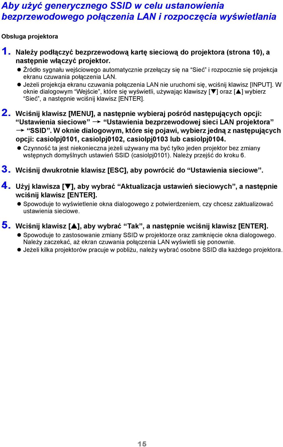 Źródło sygnału wejściowego automatycznie przełączy się na Sieć i rozpocznie się projekcja ekranu czuwania połączenia LAN.