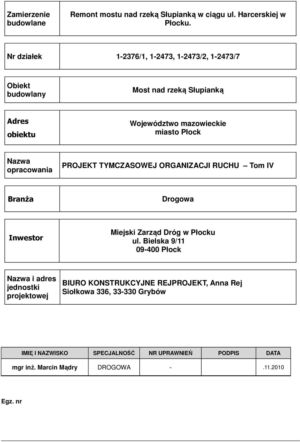 opracowania PROJEKT TYMCZASOWEJ ORGANIZACJI RUCHU Tom IV Branża Drogowa Inwestor Miejski Zarząd Dróg w Płocku ul.