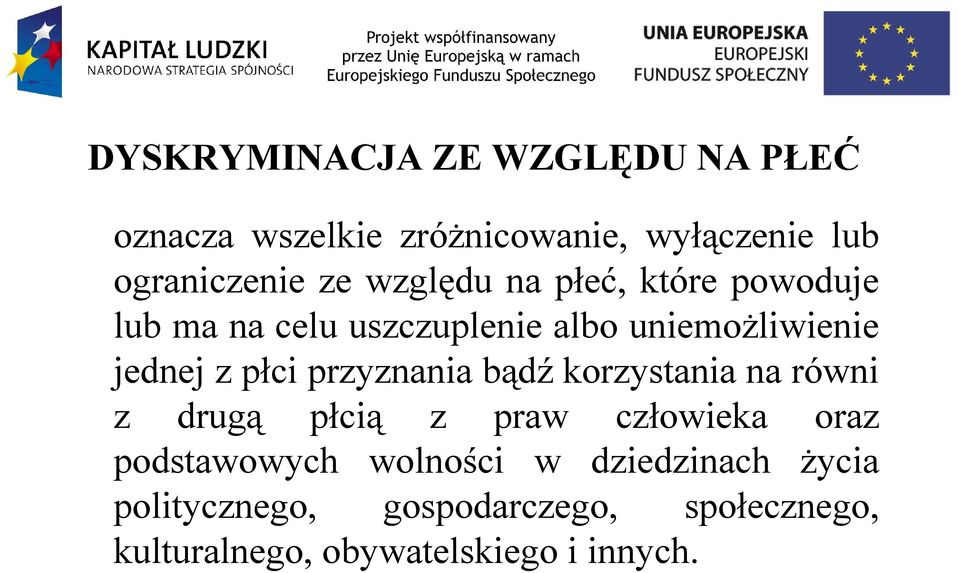 przyznania bądź korzystania na równi z drugą płcią z praw człowieka oraz podstawowych wolności w