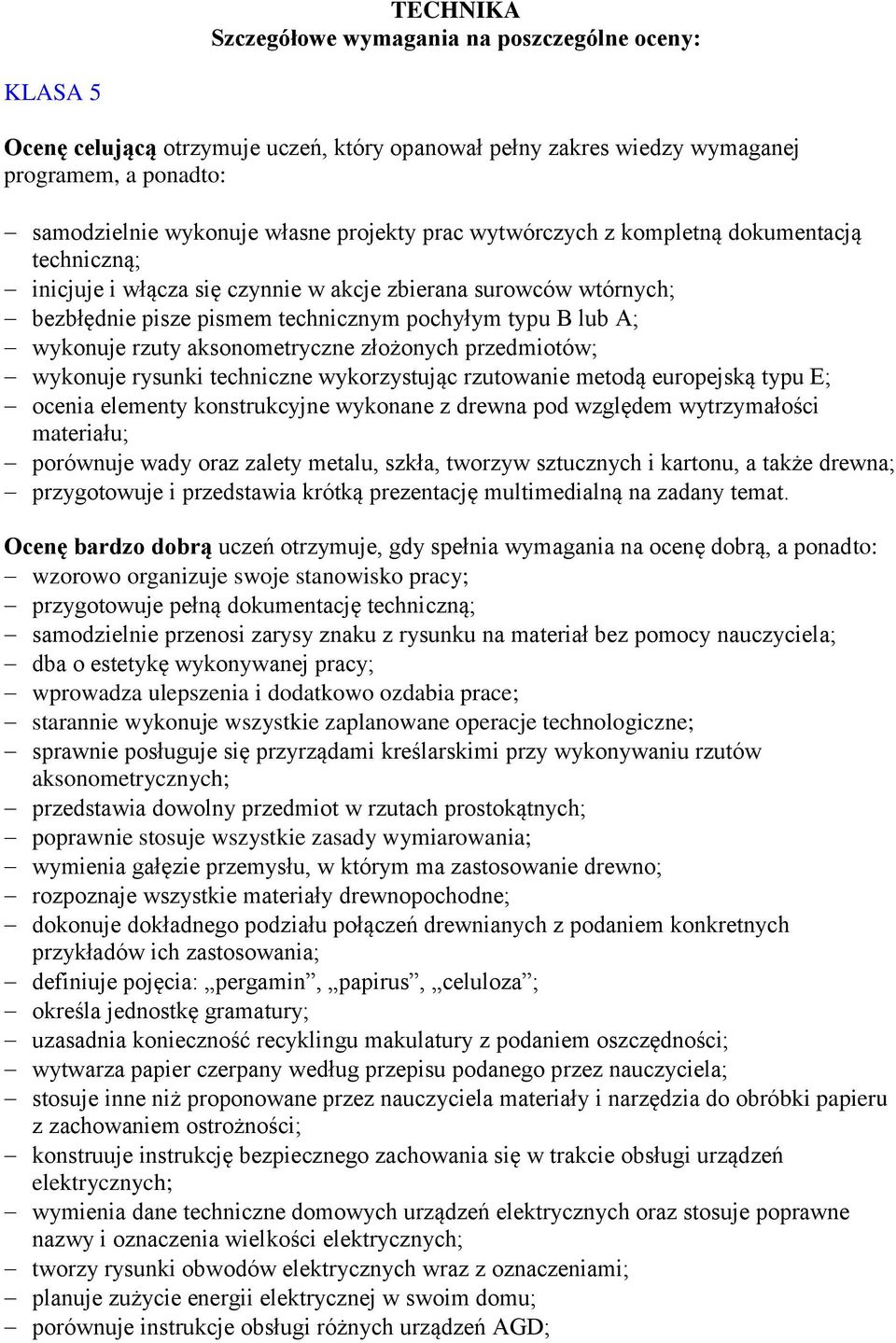 aksonometryczne złożonych przedmiotów; wykonuje rysunki techniczne wykorzystując rzutowanie metodą europejską typu E; ocenia elementy konstrukcyjne wykonane z drewna pod względem wytrzymałości