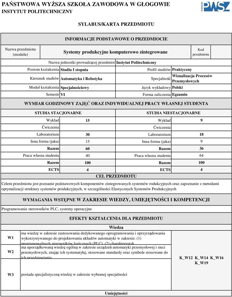 studiów Praktyczny Specjalność Język wykładowy Polski Forma zaliczenia Egzamin WYMIAR GODZINOWY ZAJĘĆ ORAZ INDYWIDUALNEJ PRACY WŁASNEJ STUDENTA Wykład 5 Wykład Wizualizacja Procesów Przemysłowych