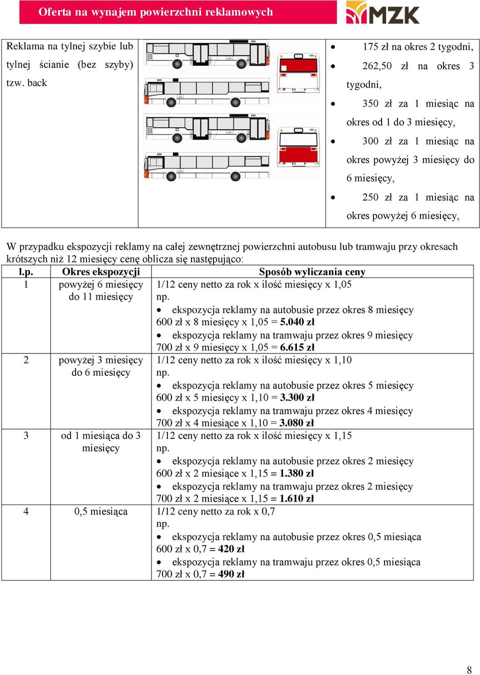 okres powyżej 6 miesięcy, W przypadku ekspozycji reklamy na całej zewnętrznej powierzchni autobusu lub tramwaju przy okresach krótszych niż 12 miesięcy cenę oblicza się następująco: l.p. Okres ekspozycji Sposób wyliczania ceny 1 powyżej 6 miesięcy do 11 miesięcy 2 powyżej 3 miesięcy do 6 miesięcy 3 od 1 miesiąca do 3 miesięcy 1/12 ceny netto za rok x ilość miesięcy x 1,05 np.