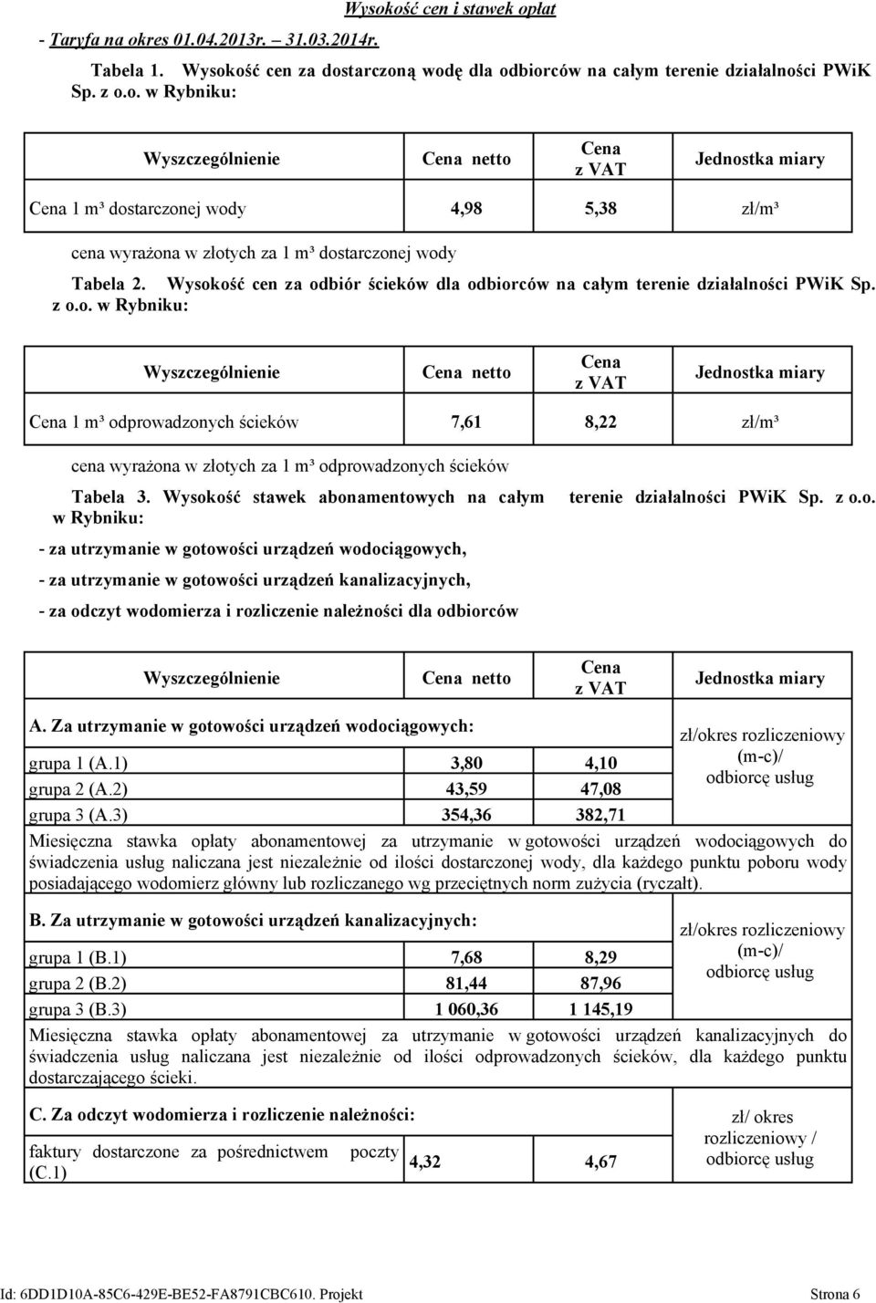 Wysokość stawek abonamentowych na całym w Rybniku: - za utrzymanie w gotowości urządzeń wodociągowych, - za utrzymanie w gotowości urządzeń kanalizacyjnych, - za odczyt wodomierza i rozliczenie