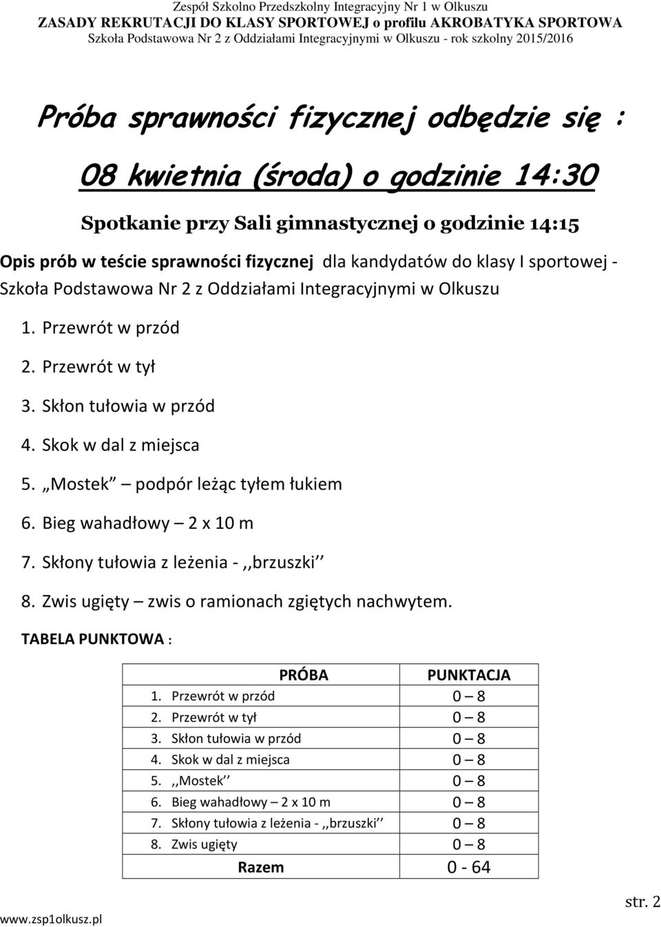 Mostek podpór leżąc tyłem łukiem 6. Bieg wahadłowy 2 x 10 m 7. Skłony tułowia z leżenia -,,brzuszki 8. Zwis ugięty zwis o ramionach zgiętych nachwytem. TABELA PUNKTOWA : PRÓBA PUNKTACJA 1.