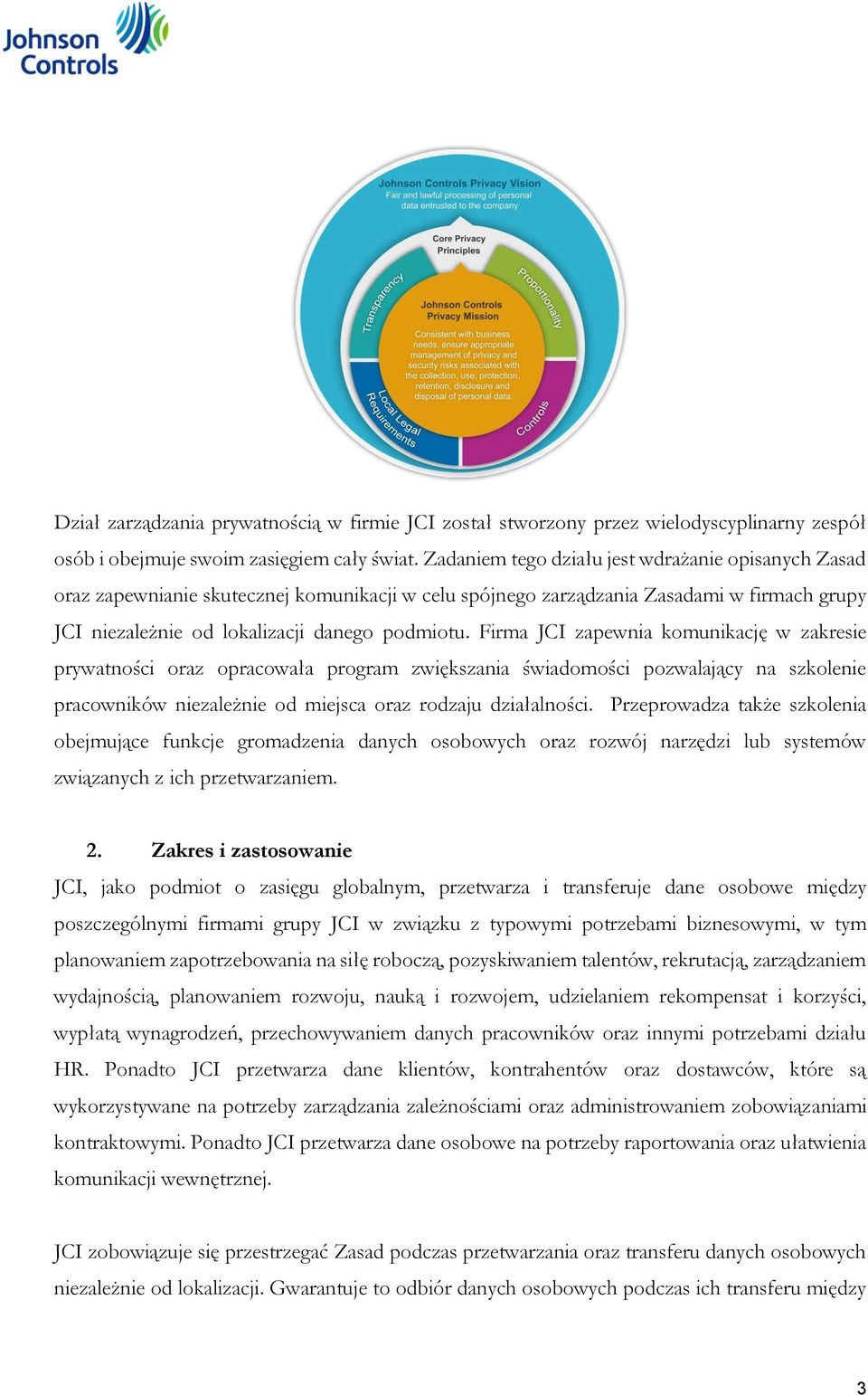 Firma JCI zapewnia komunikację w zakresie prywatności oraz opracowała program zwiększania świadomości pozwalający na szkolenie pracowników niezależnie od miejsca oraz rodzaju działalności.