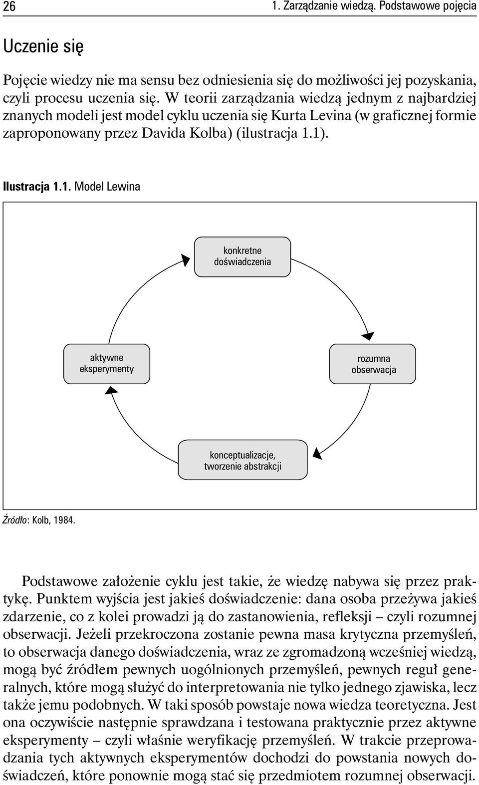 1). Ilustracja 1.1. Model Lewina konkretne doświadczenia aktywne eksperymenty rozumna obserwacja konceptualizacje, tworzenie abstrakcji Źródło: Kolb, 1984.