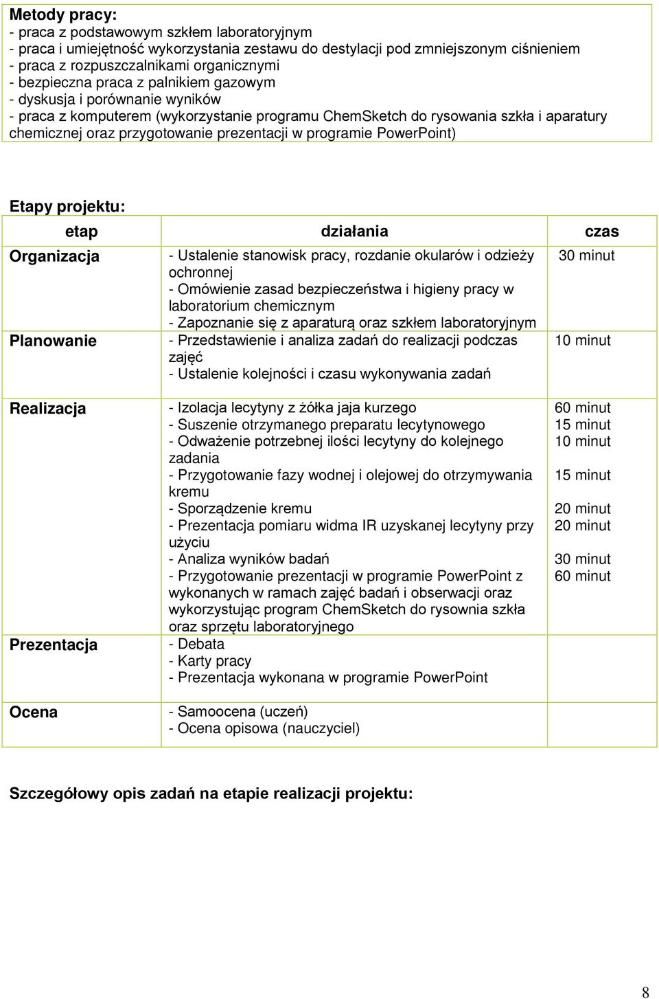 PowerPoint) Etapy projektu: etap działania czas rganizacja - Ustalenie stanowisk pracy, rozdanie okularów i odzieży 30 minut ochronnej - mówienie zasad bezpieczeństwa i higieny pracy w laboratorium