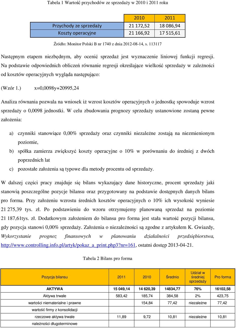 Na podstawie odpowiednich obliczeń równanie regresji określające wielkość sprzedaży w zależności od kosztów operacyjnych wygląda następująco: (Wzór 1.