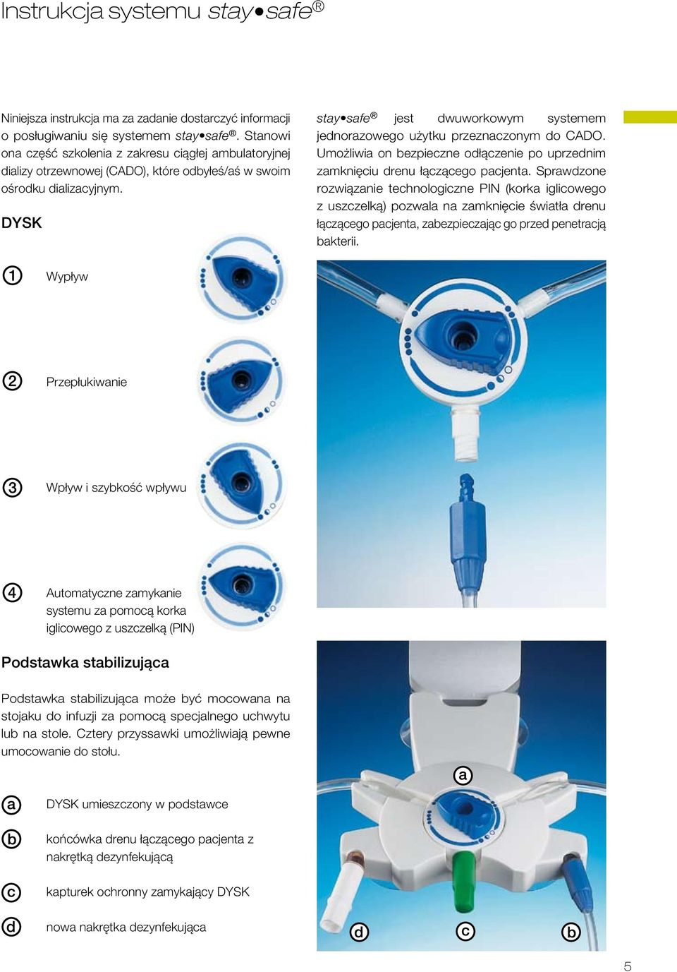 DYSK stay safe jest dwuworkowym systemem jednorazowego użytku przeznaczonym do CADO. Umożliwia on bezpieczne odłączenie po uprzednim zamknięciu drenu łączącego pacjenta.