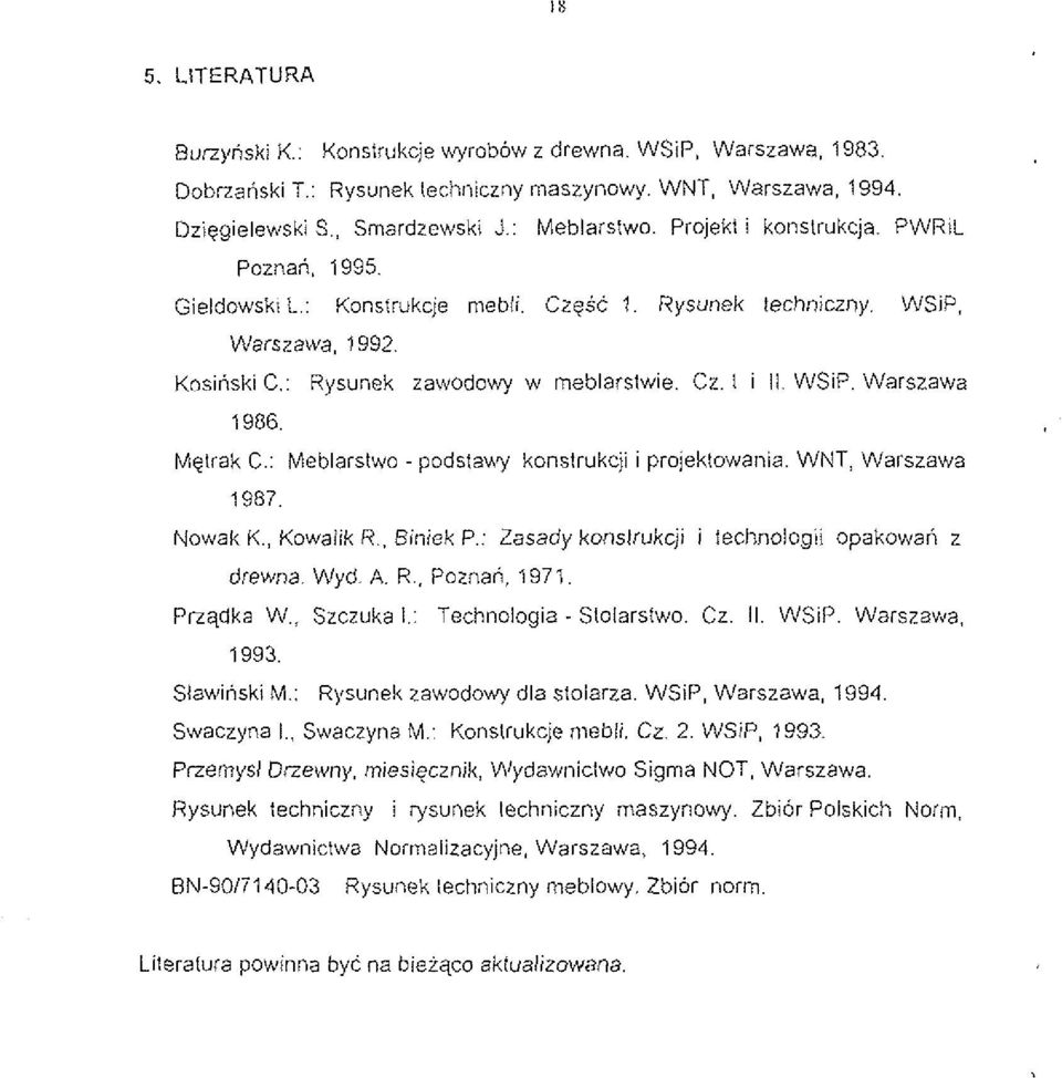 WSiP Warszawa 1986. Mgtrak C.: Meblarslwo - podstauy konslrukcji i projeklowaiiia. WNT. Warszawa 1987. Nowak K.. Kowalik R.. Biniek P.: Zasady konslrukcji i lechnologii opakowan z drewna. Wyd. A. R. Poznan, 1971 Przqdka W.