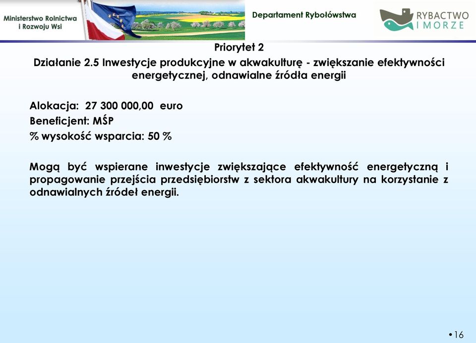 źródła energii Alokacja: 27 300 000,00 euro Beneficjent: MŚP % wysokość wsparcia: 50 % Mogą być