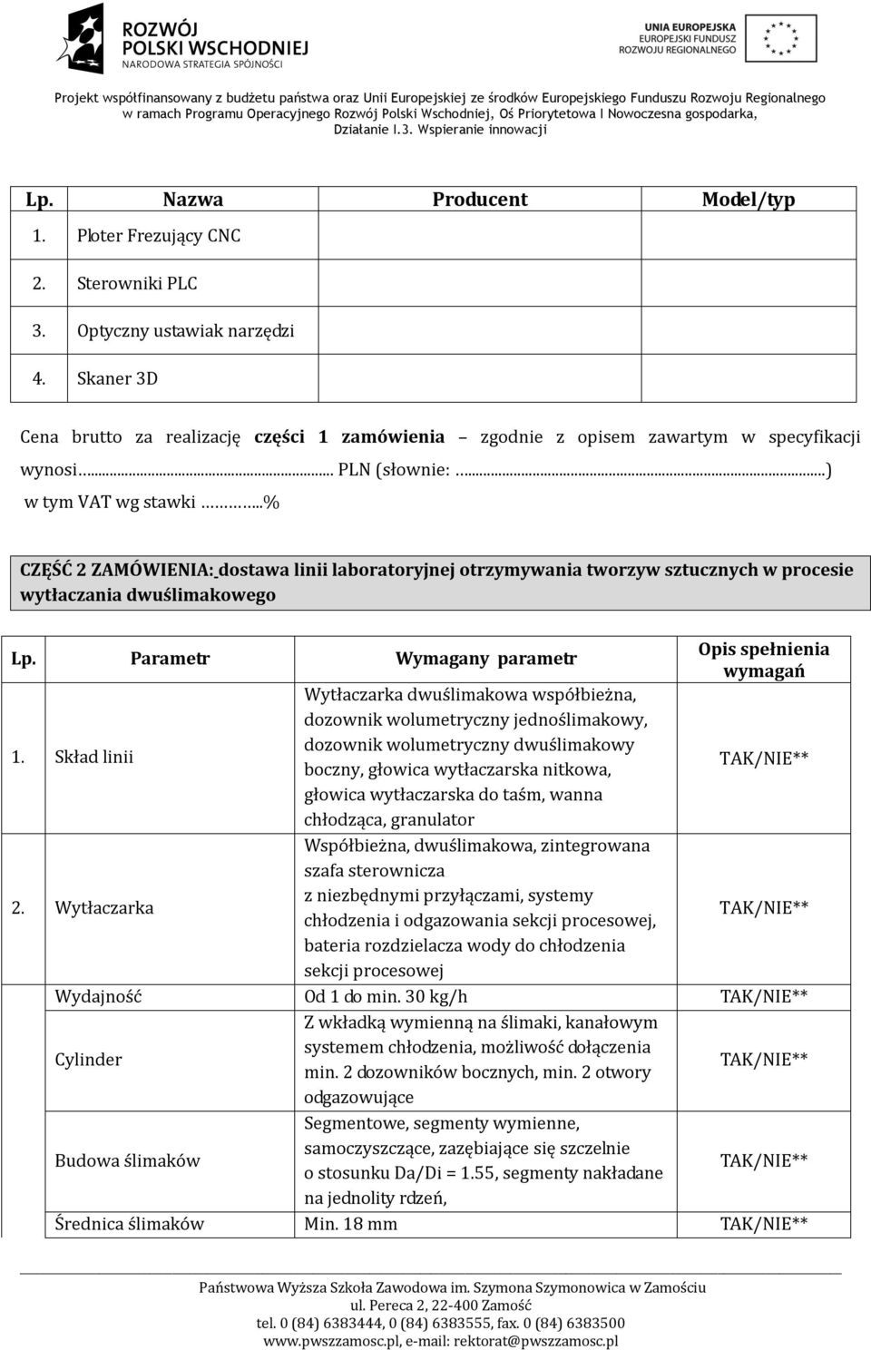 .% CZĘŚĆ 2 ZAMÓWIENIA: dostawa linii laboratoryjnej otrzymywania tworzyw sztucznych w procesie wytłaczania dwuślimakowego Lp. Parametr Wymagany parametr 1. Skład linii 2.