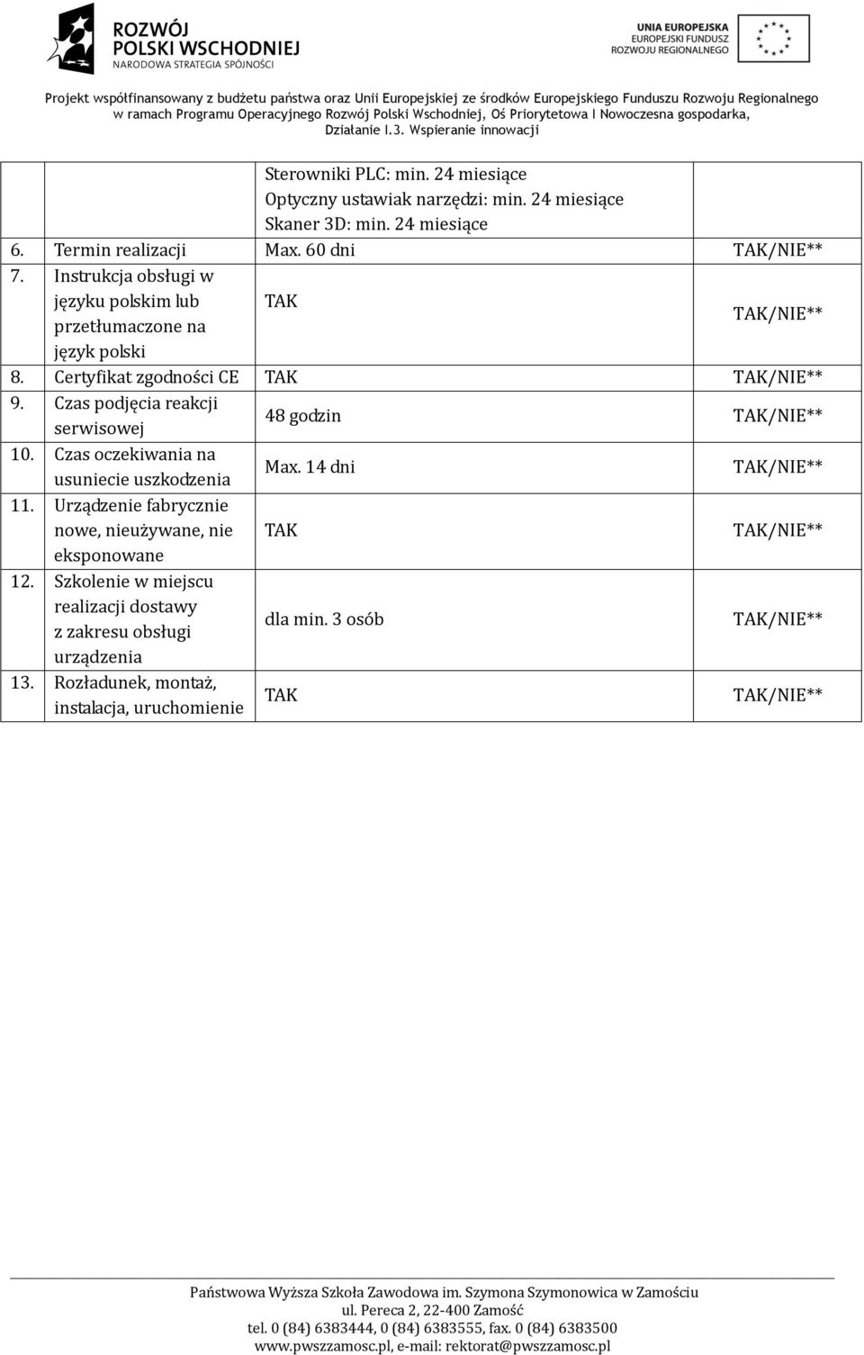 Czas podjęcia reakcji serwisowej 48 godzin 10. Czas oczekiwania na usuniecie uszkodzenia Max. 14 dni 11.