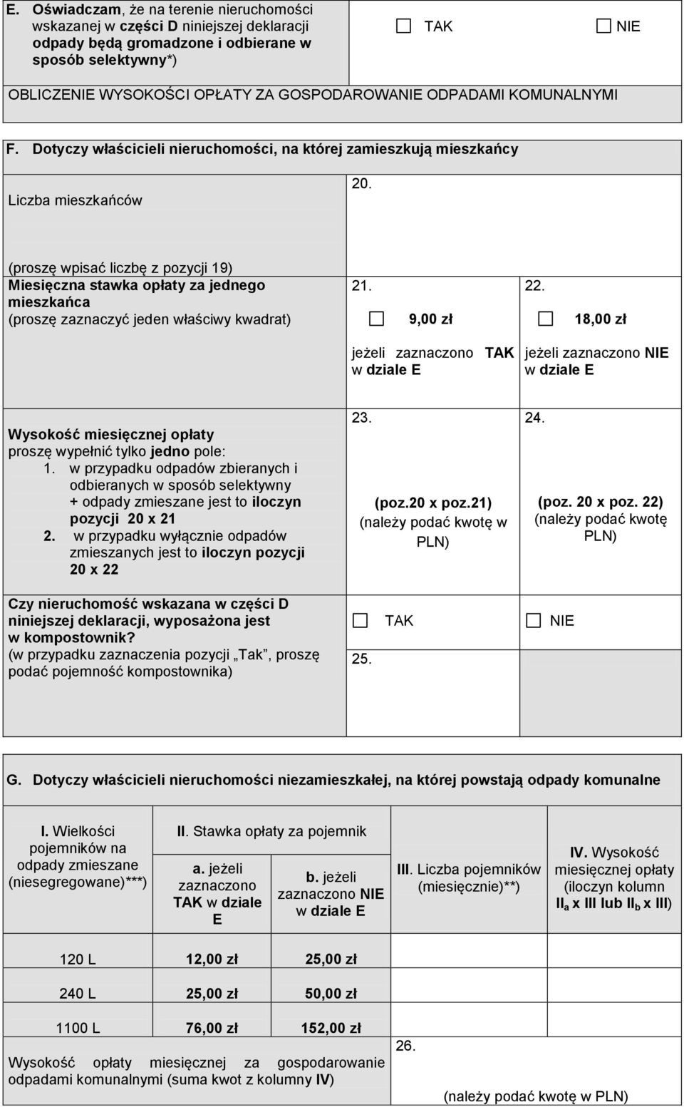 (proszę wpisać liczbę z pozycji 19) Miesięczna stawka opłaty za jednego mieszkańca (proszę zaznaczyć jeden właściwy kwadrat) 21. 9,00 zł 22.