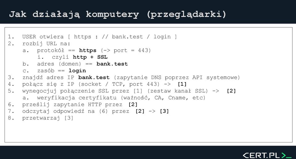 test (zapytanie DNS poprzez API systemowe) połącz się z IP (socket / TCP, port 443) -> [1] wynegocjuj połączenie SSL przez [1] (zestaw