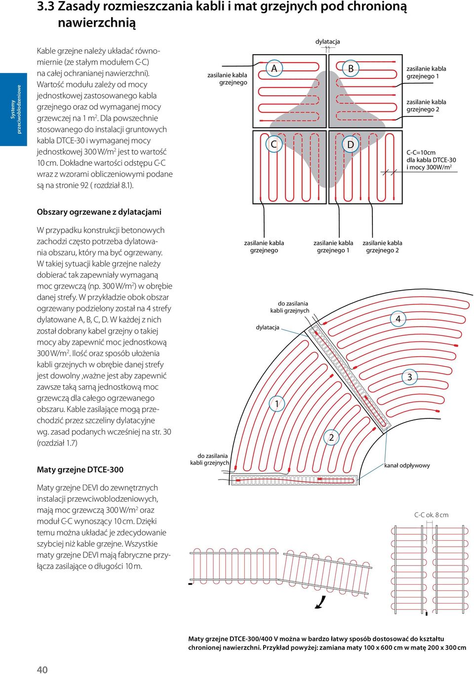 Dla powszechnie stosowanego do instalacji gruntowych kabla DTCE-30 i wymaganej mocy jednostkowej 300 W/m 2 jest to wartość 10 cm.